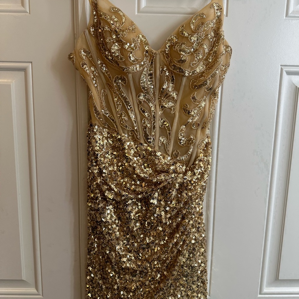 Gold Strapless Sequin Evening Dress